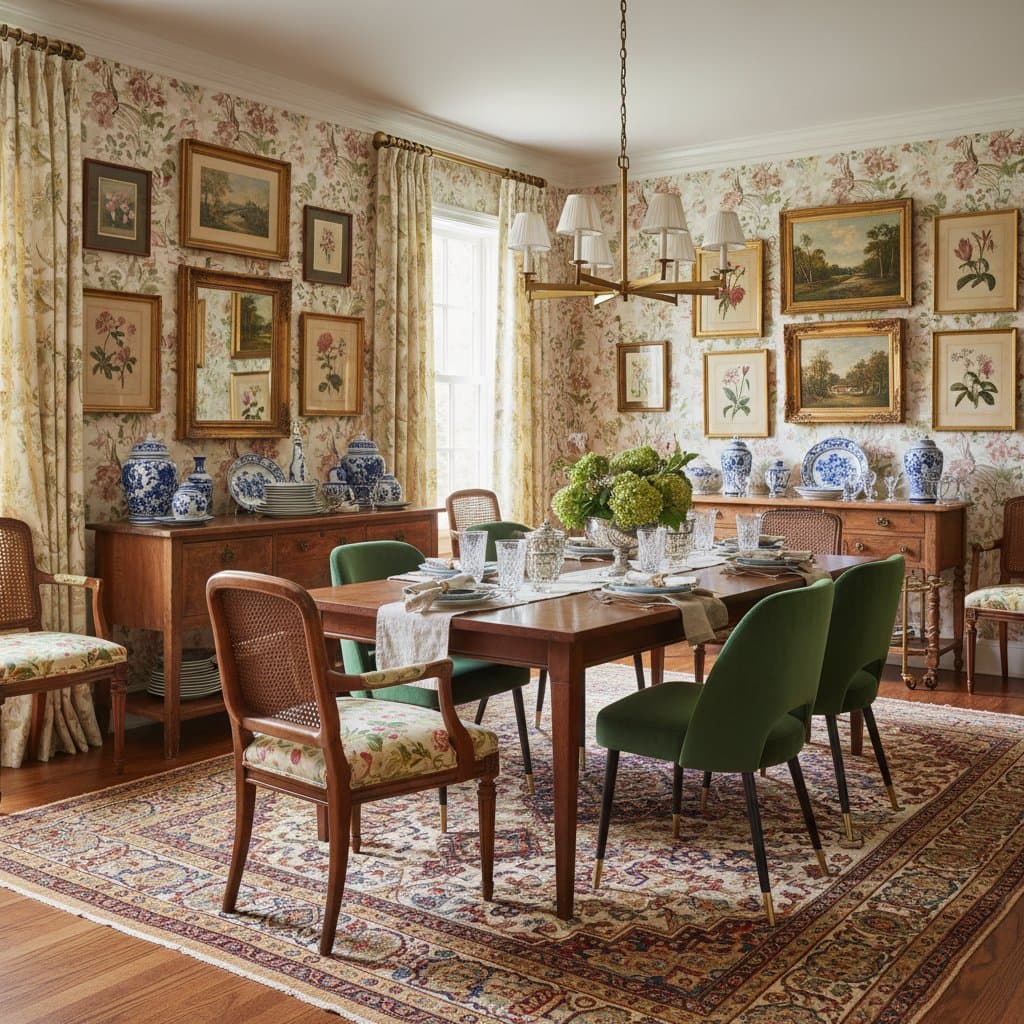 Featured image for Grandmillennial Dining Rooms Bring Pattern and Comfort Back